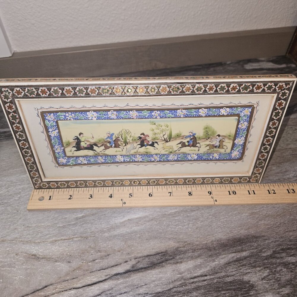 Vintage Persian Miniature Painting of Polo Scene In Khatam Frame - Picture 9 of 11